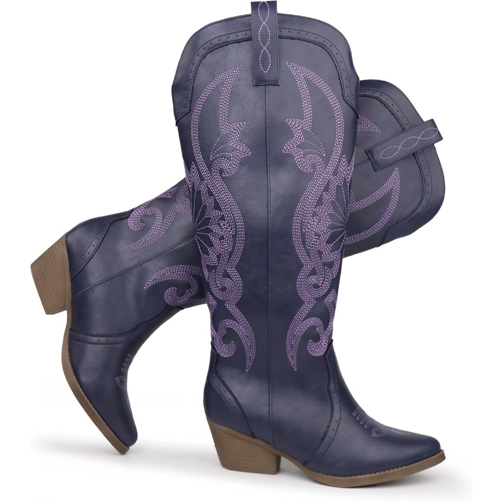 Women's Purple Cowgirl Boots Slip On Pointed Toe Classic Embroidered Pull On